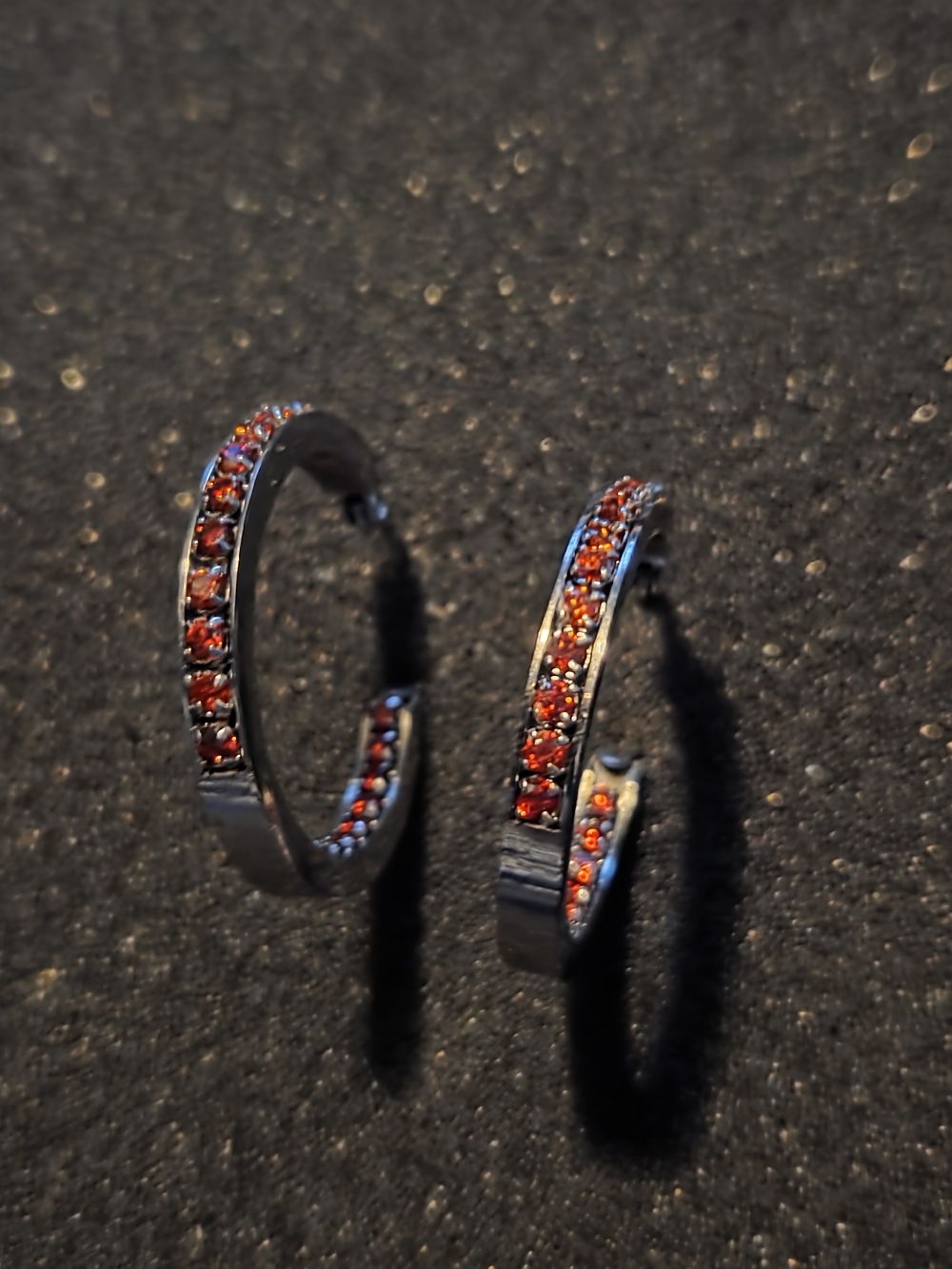 Reverse Hoop Red Ruby Crystals In Silver Tone Setting